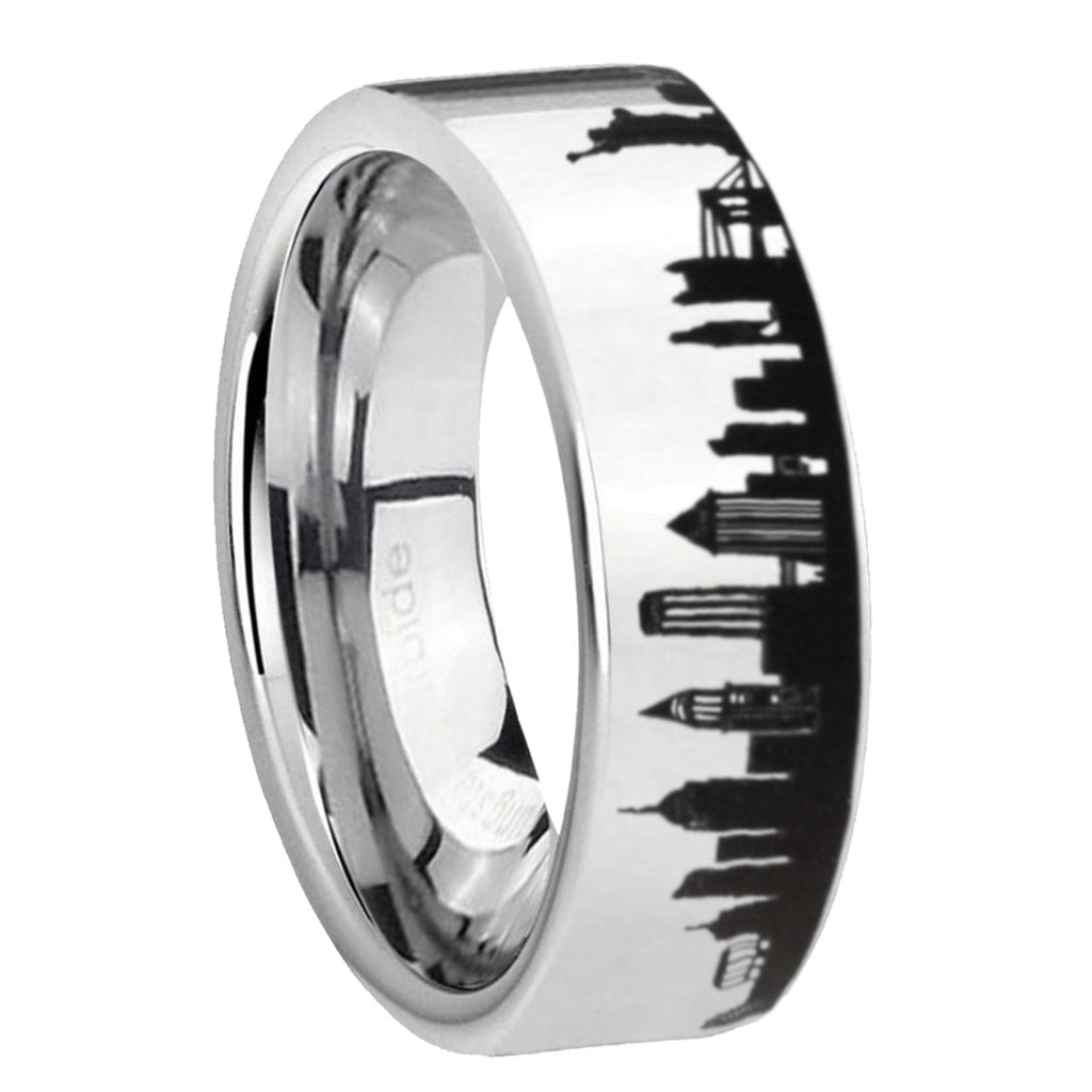 NY New York City Pipe Cut High Polish Silver Tungsten Ring