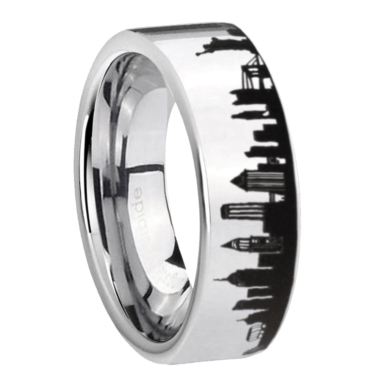 NY New York City Pipe Cut High Polish Silver Tungsten Ring