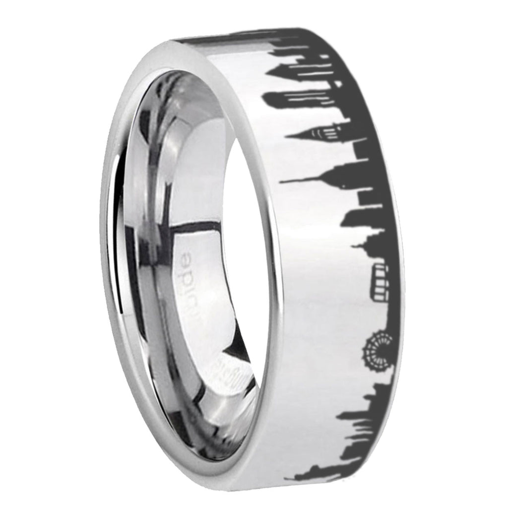 8MM NY New York City Pipe Cut High Polish Silver Tungsten Ring