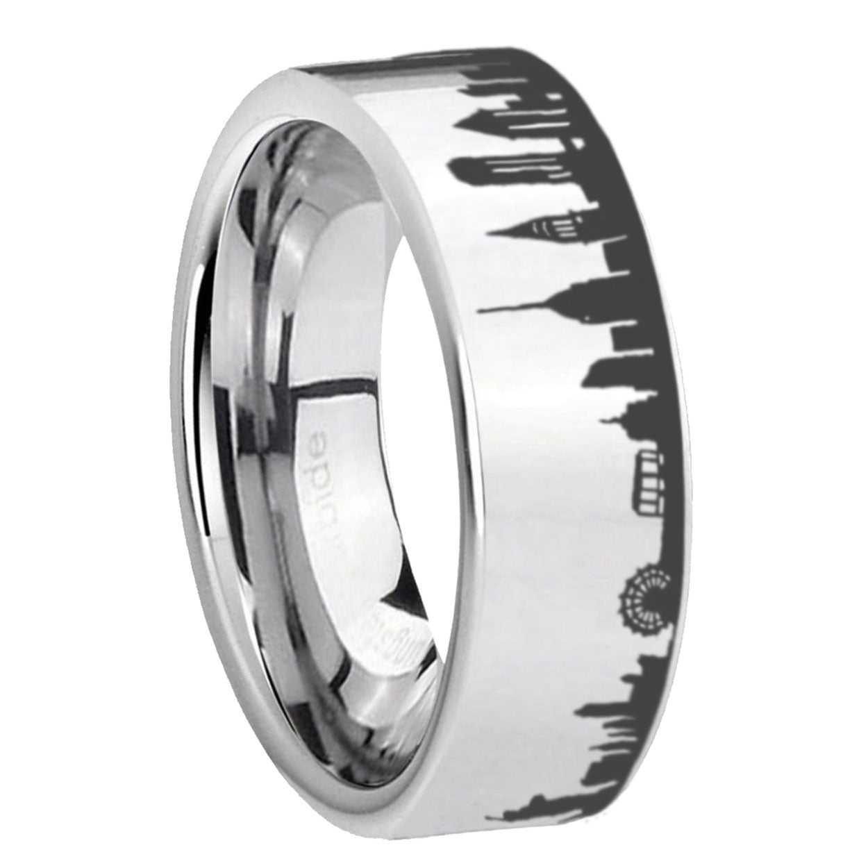 8MM NY New York City Pipe Cut High Polish Silver Tungsten Ring