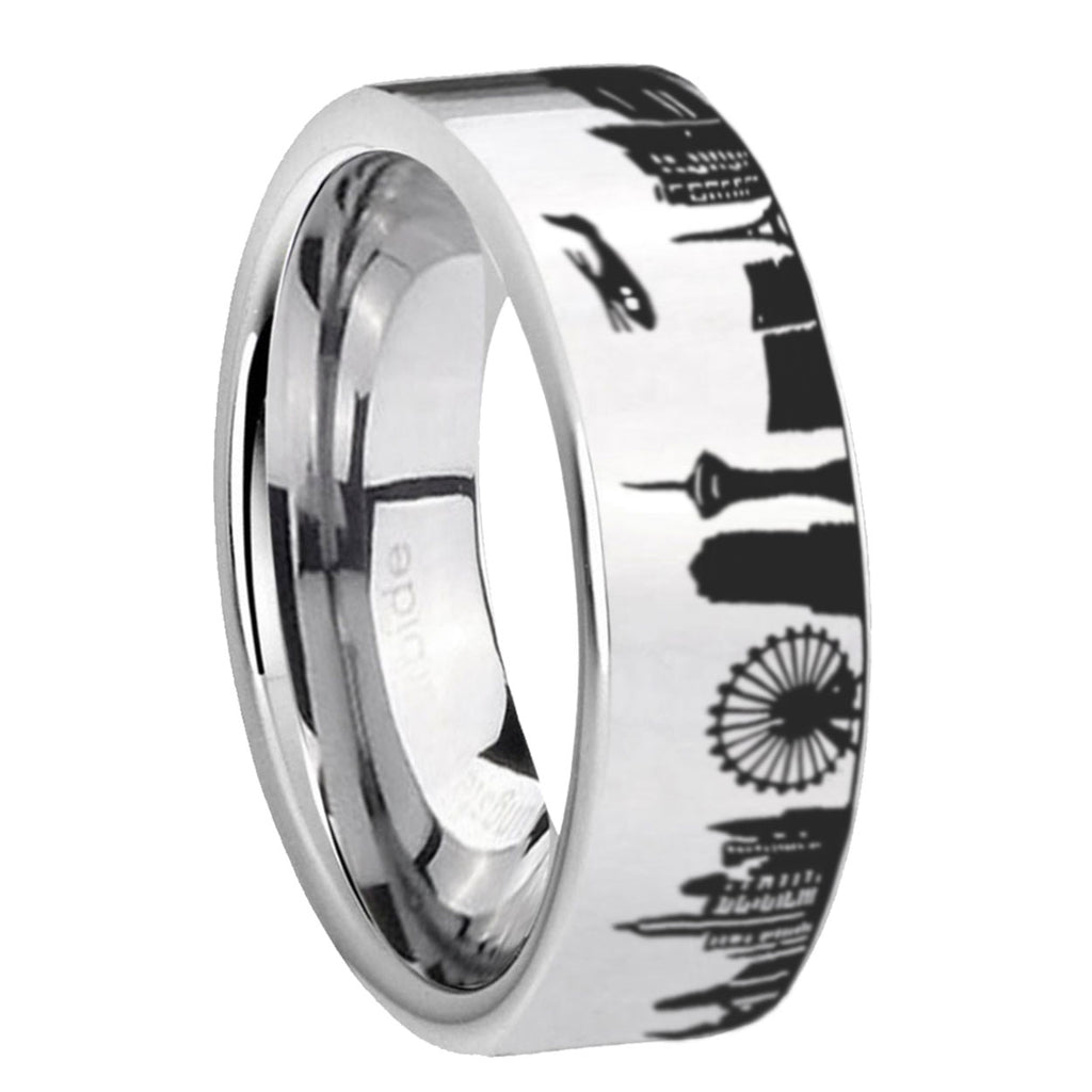 LA Las Vegas City Pipe Cut High Polish Silver Tungsten Ring