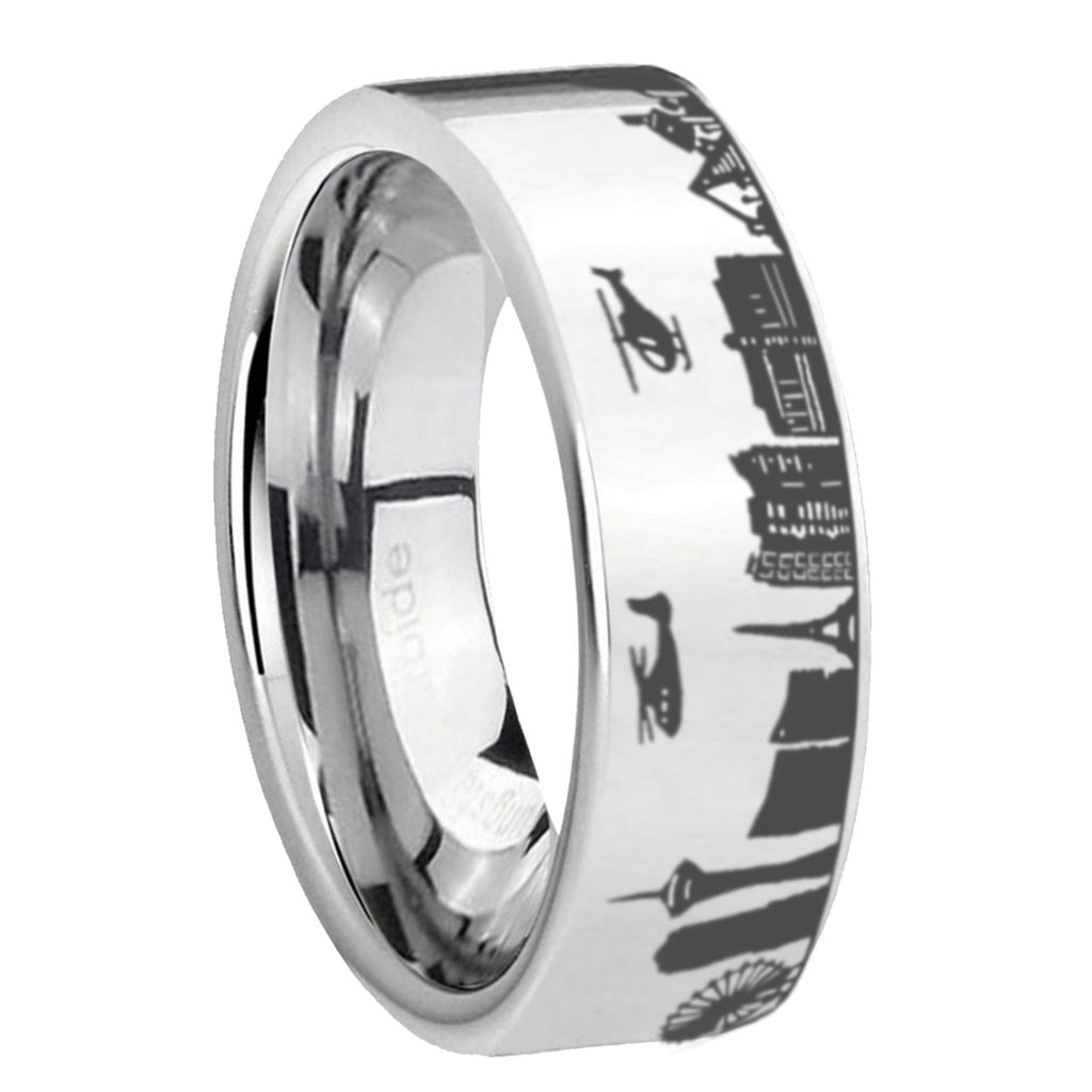 8MM LA Las Vegas City Pipe Cut High Polish Silver Tungsten Ring