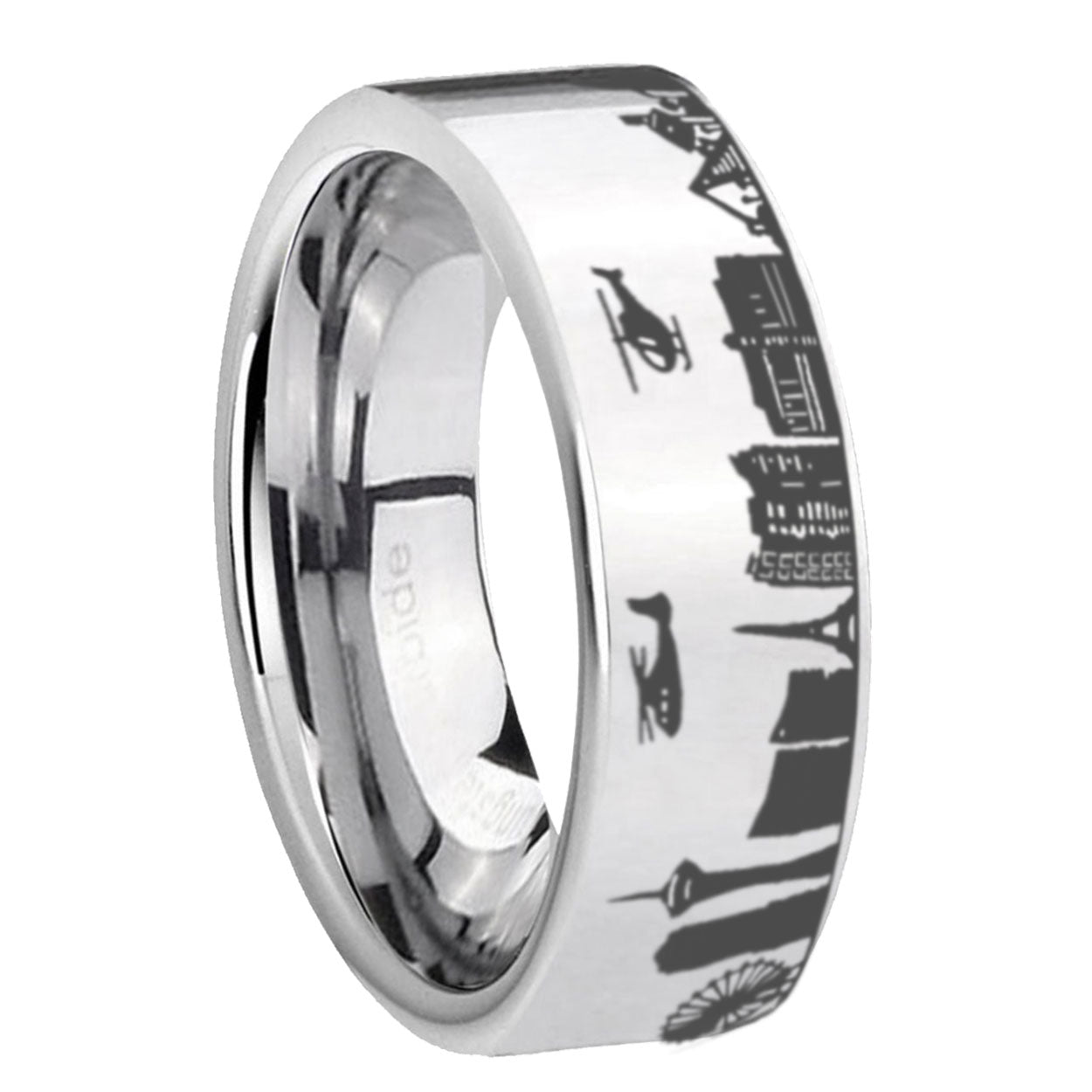 8MM LA Las Vegas City Pipe Cut High Polish Silver Tungsten Ring