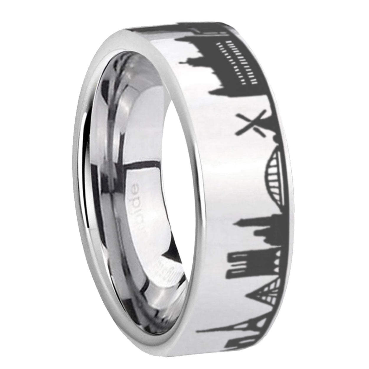 France Paris City Pipe Cut High Polish Silver Tungsten Ring