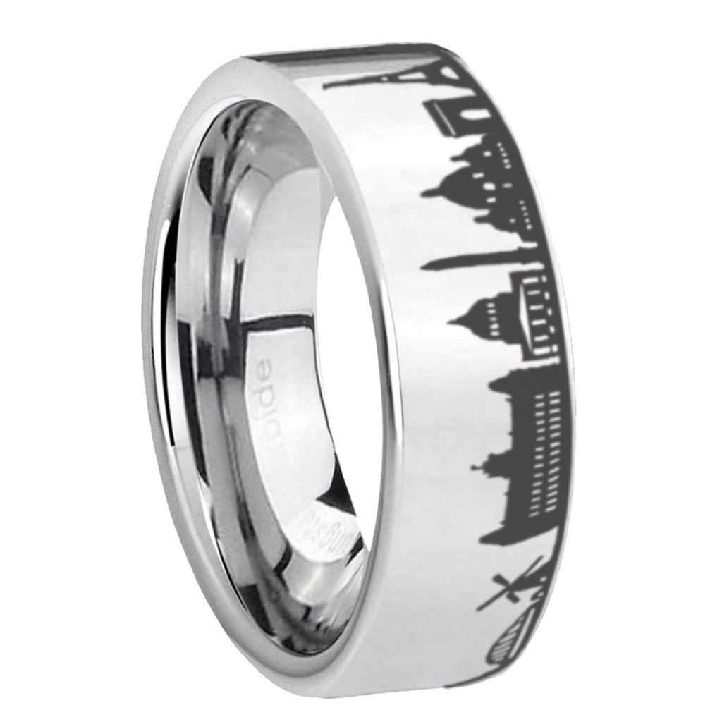 8MM France Paris City Pipe Cut High Polish Silver Tungsten Ring