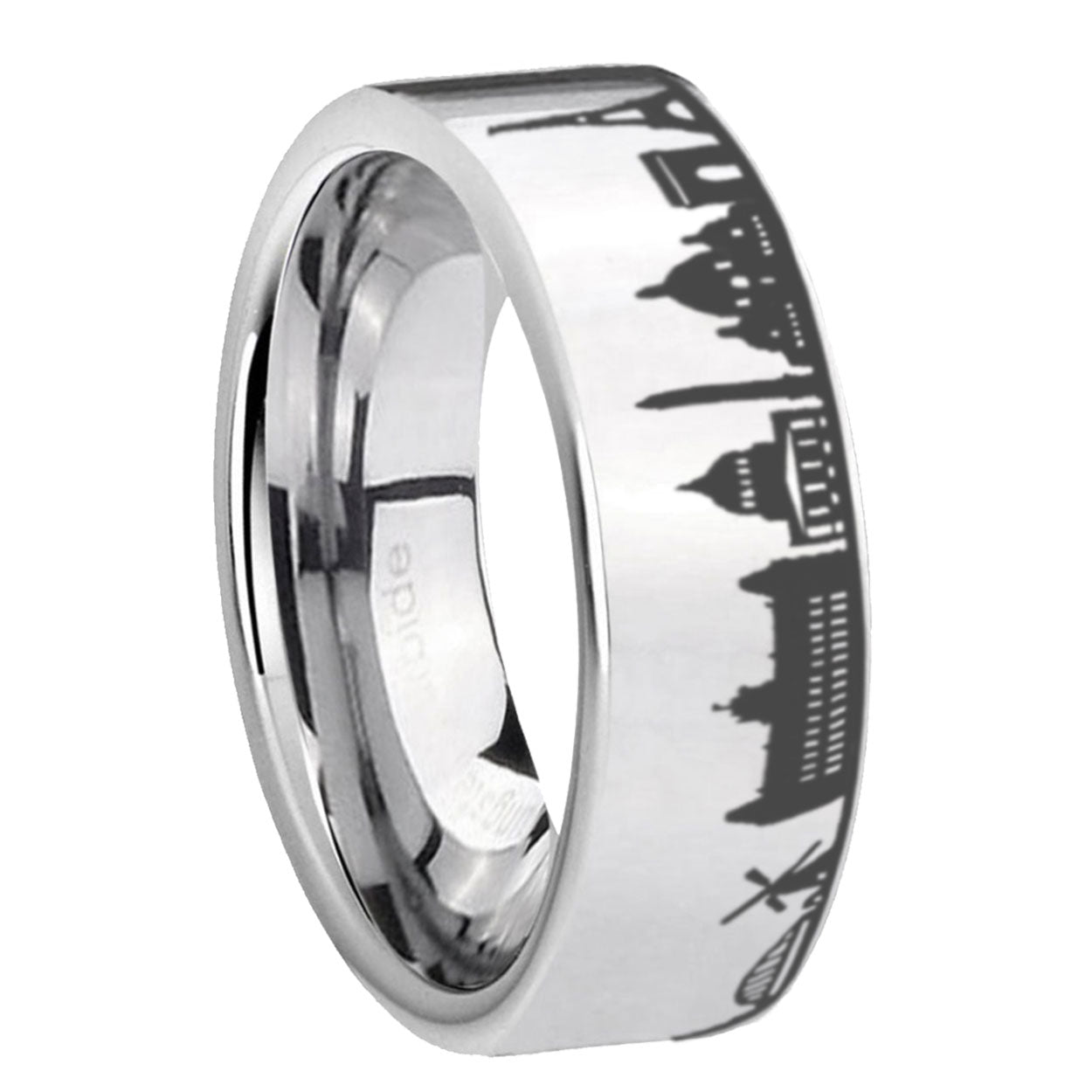 8MM France Paris City Pipe Cut High Polish Silver Tungsten Ring