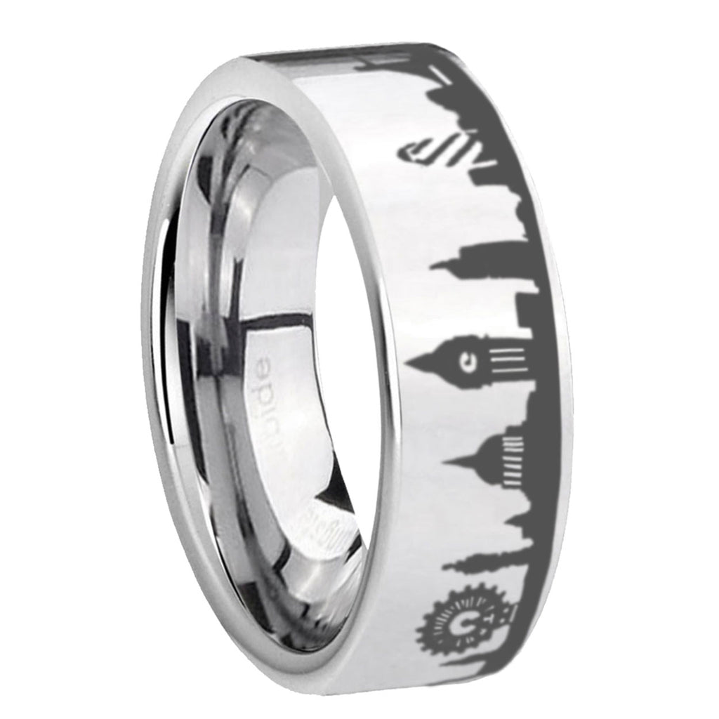 UK London City Pipe Cut High Polish Silver Tungsten Ring