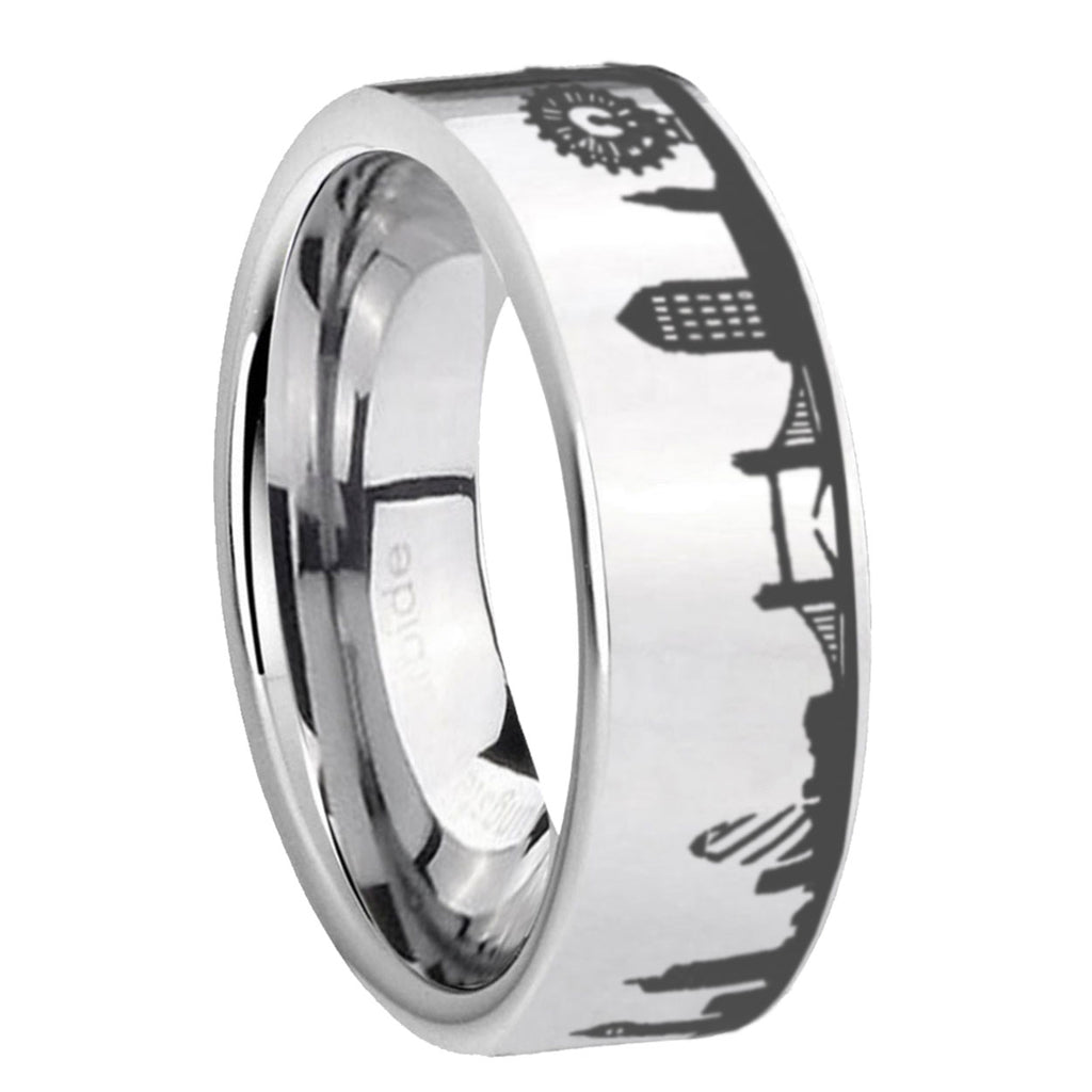 8MM UK London City Pipe Cut High Polish Silver Tungsten Ring