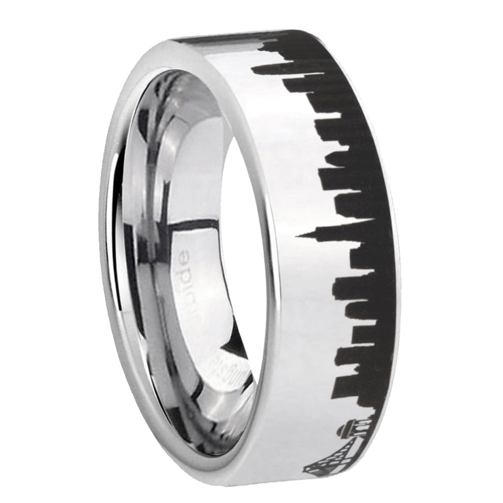 8MM CA San Francisco City Pipe Cut Polish Silver Tungsten Ring