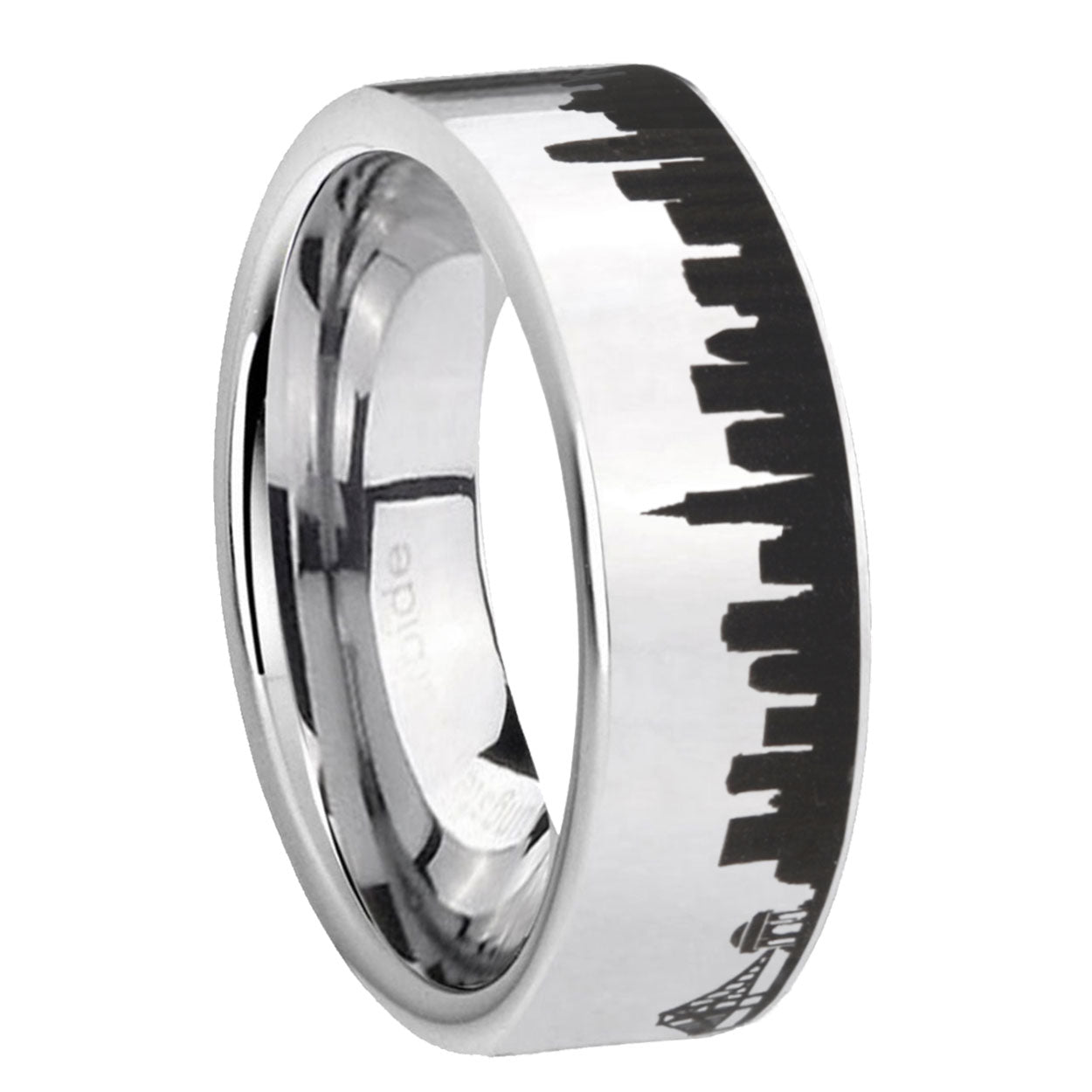 8MM CA San Francisco City Pipe Cut Polish Silver Tungsten Ring