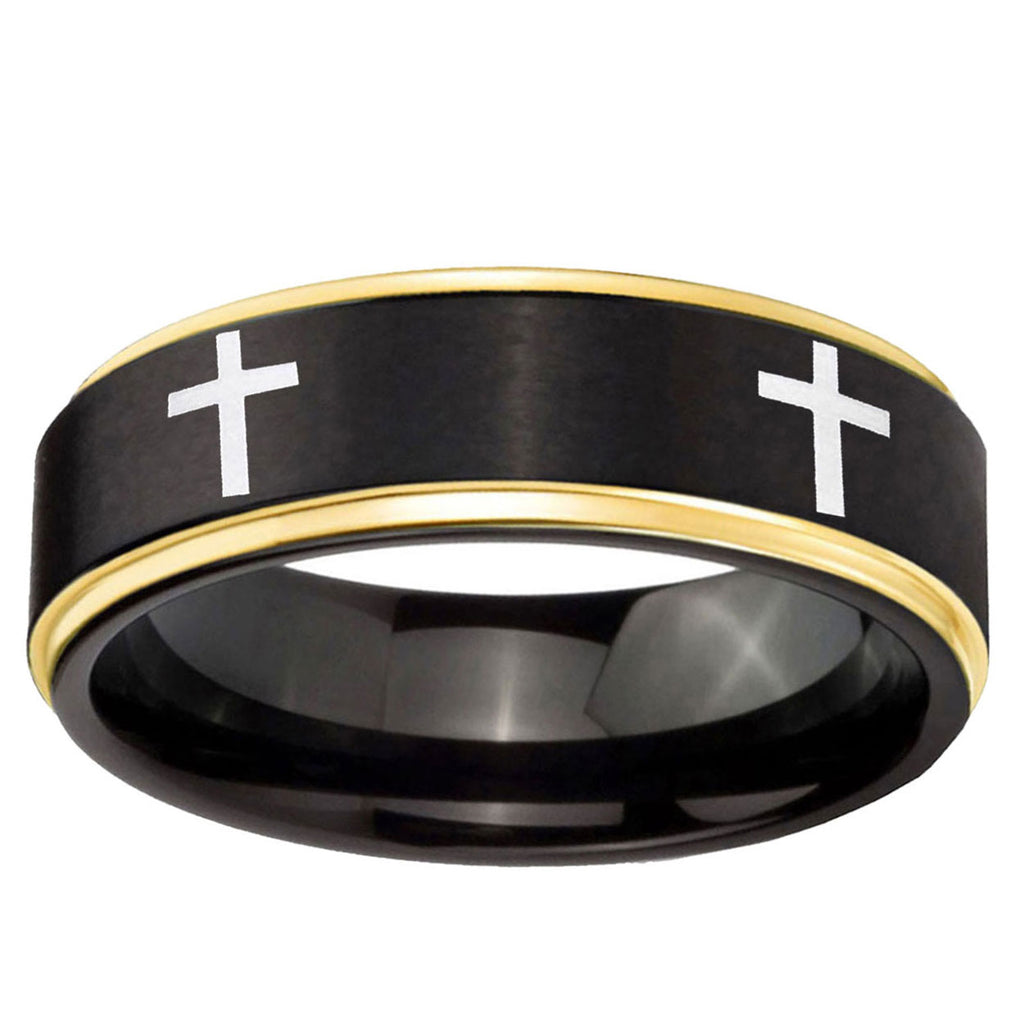 6mm Crosses Gold Step Edge Black Tungsten Custom Men's Ring
