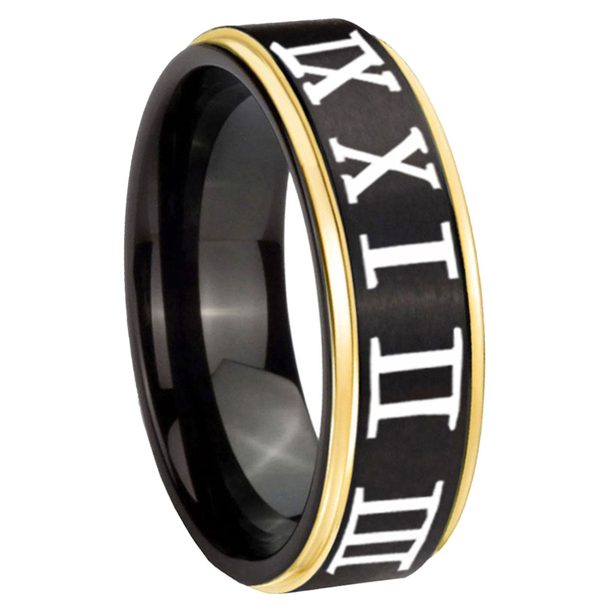 8mm Roman Numeral Gold Step Edge Black Tungsten Ring for Men