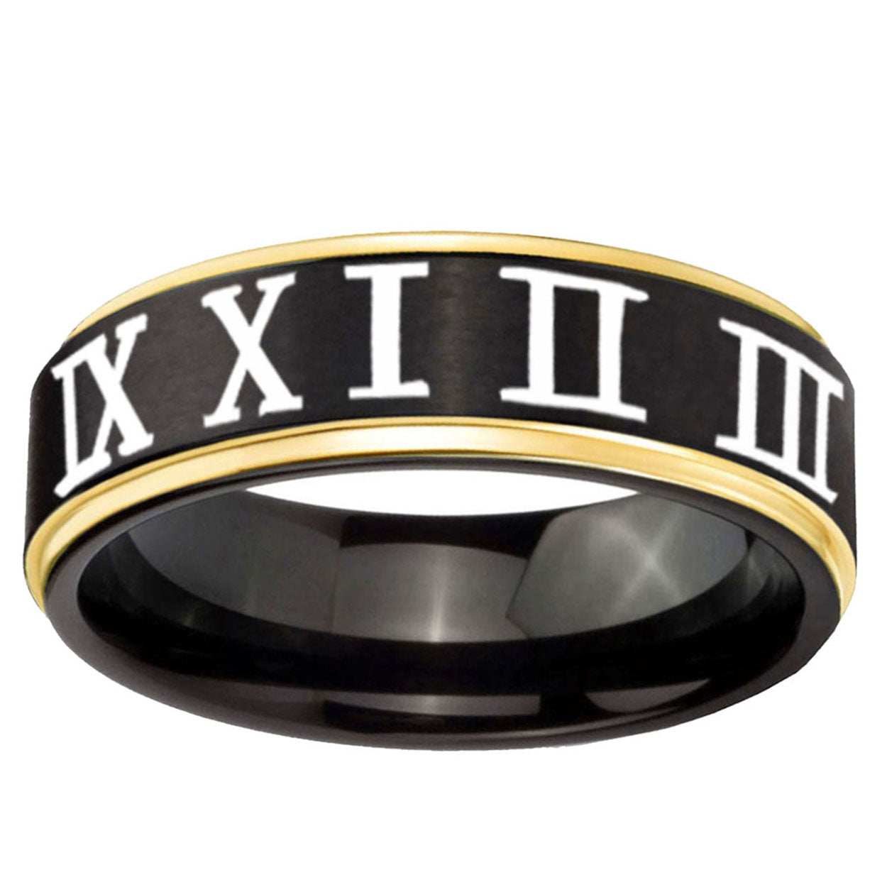 6mm Roman Numeral Gold Step Edge Black Tungsten Ring for Men
