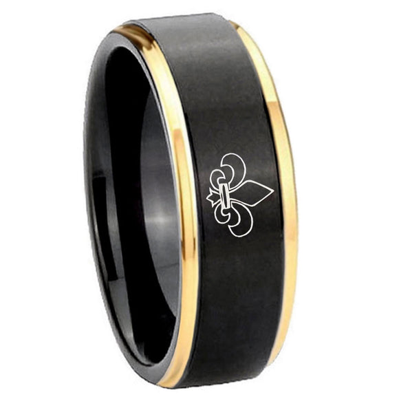8mm-Fleur-De-Lis-Gold-Step-Edges-Black-Tungsten-Carbide-Mens-Promise-Ring