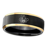 10mm-Fleur-De-Lis-Gold-Step-Edges-Black-Tungsten-Carbide-Wedding-Ring