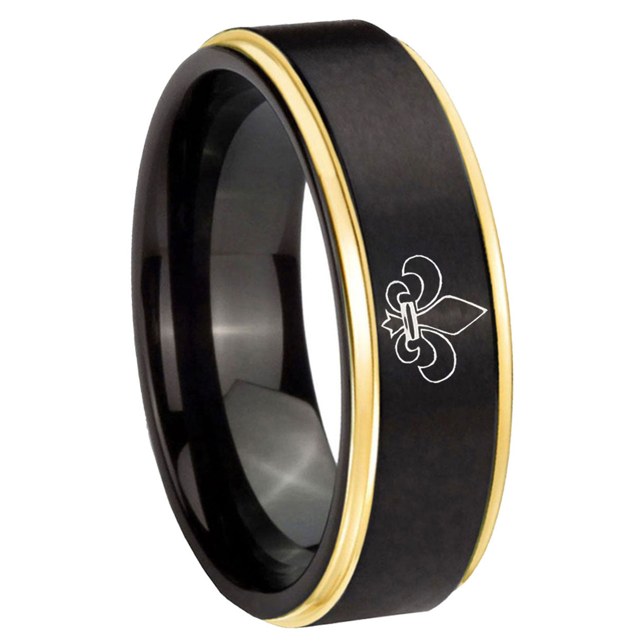 10mm Fleur Delis Gold Step Edges Black Tungsten Carbide Wedding Ring