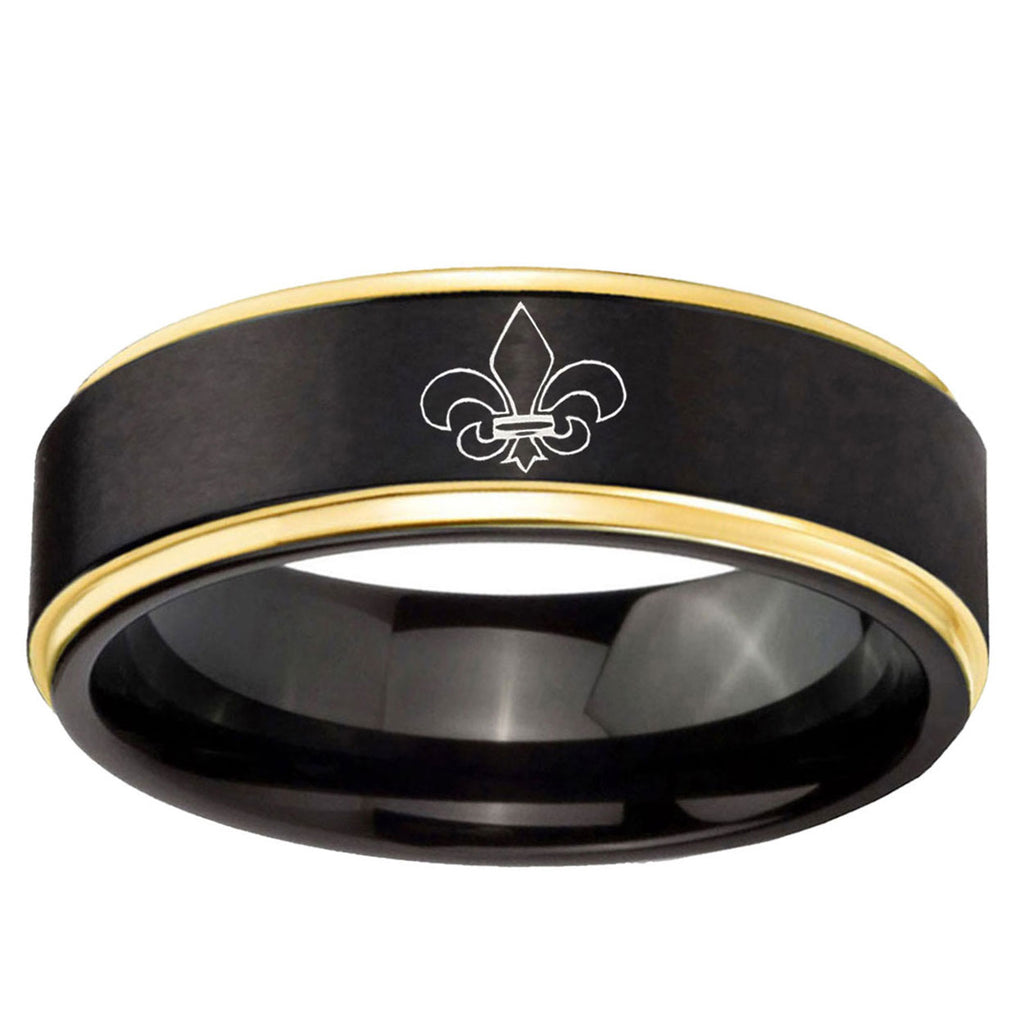 10mm Fleur-De-Lis Gold Step Edge Black Tungsten Carbide Wedding Ring