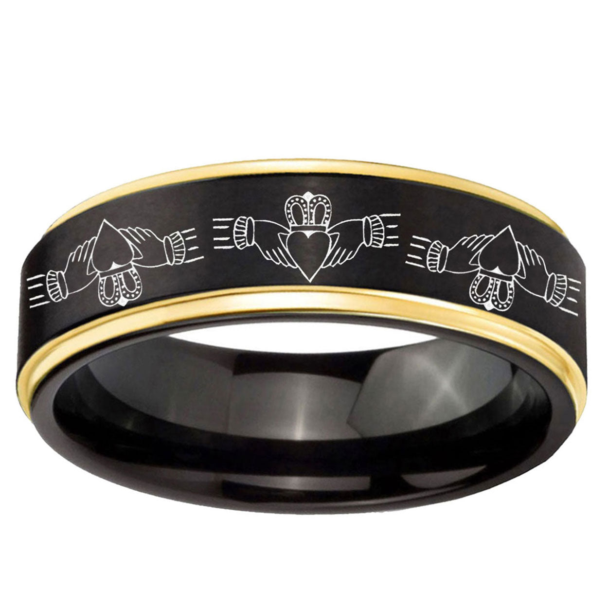 6mm Irish Claddagh Gold Step Edge Black Tungsten Ring