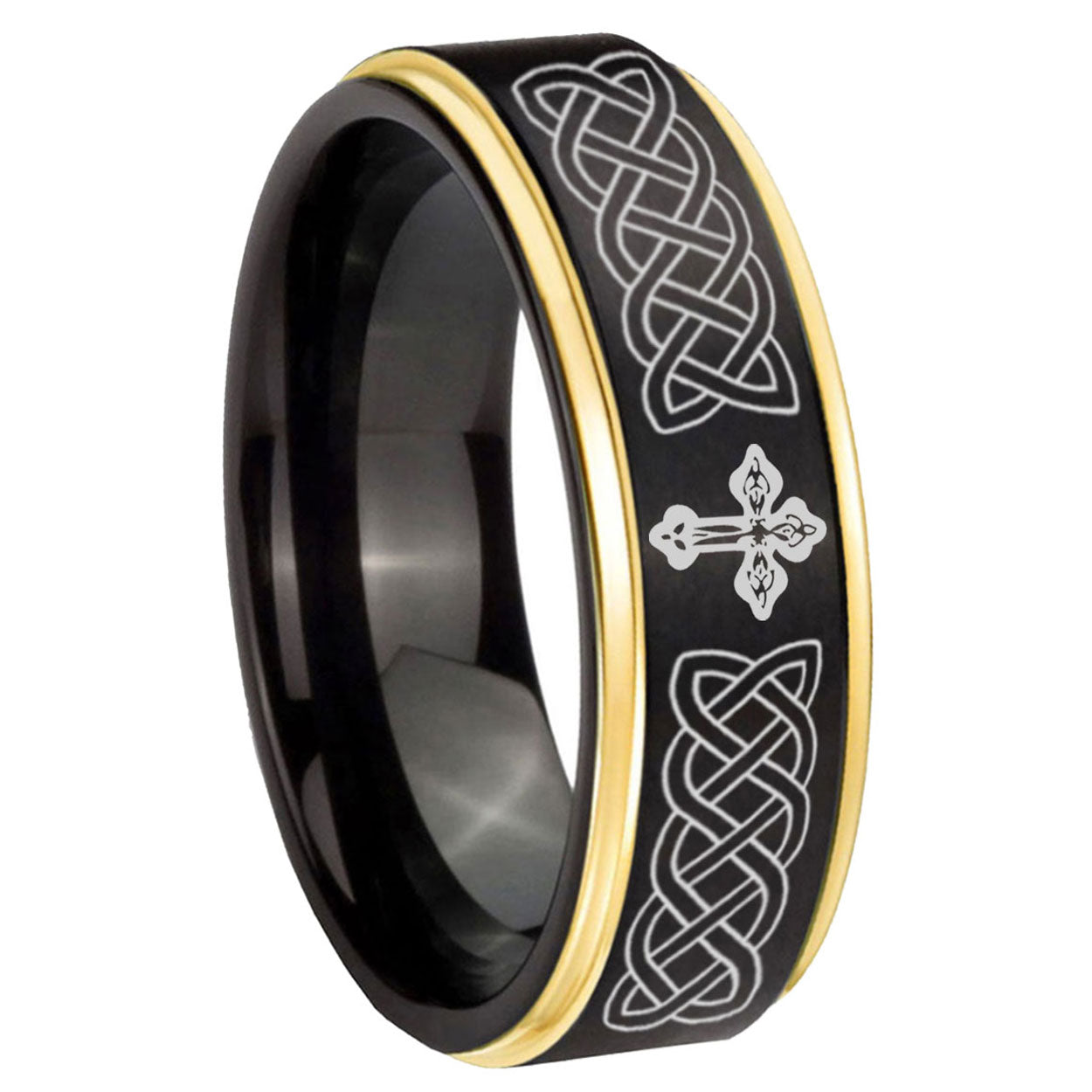 8mm Celtic Cross Gold Step Edge Black Tungsten Engraved Ring