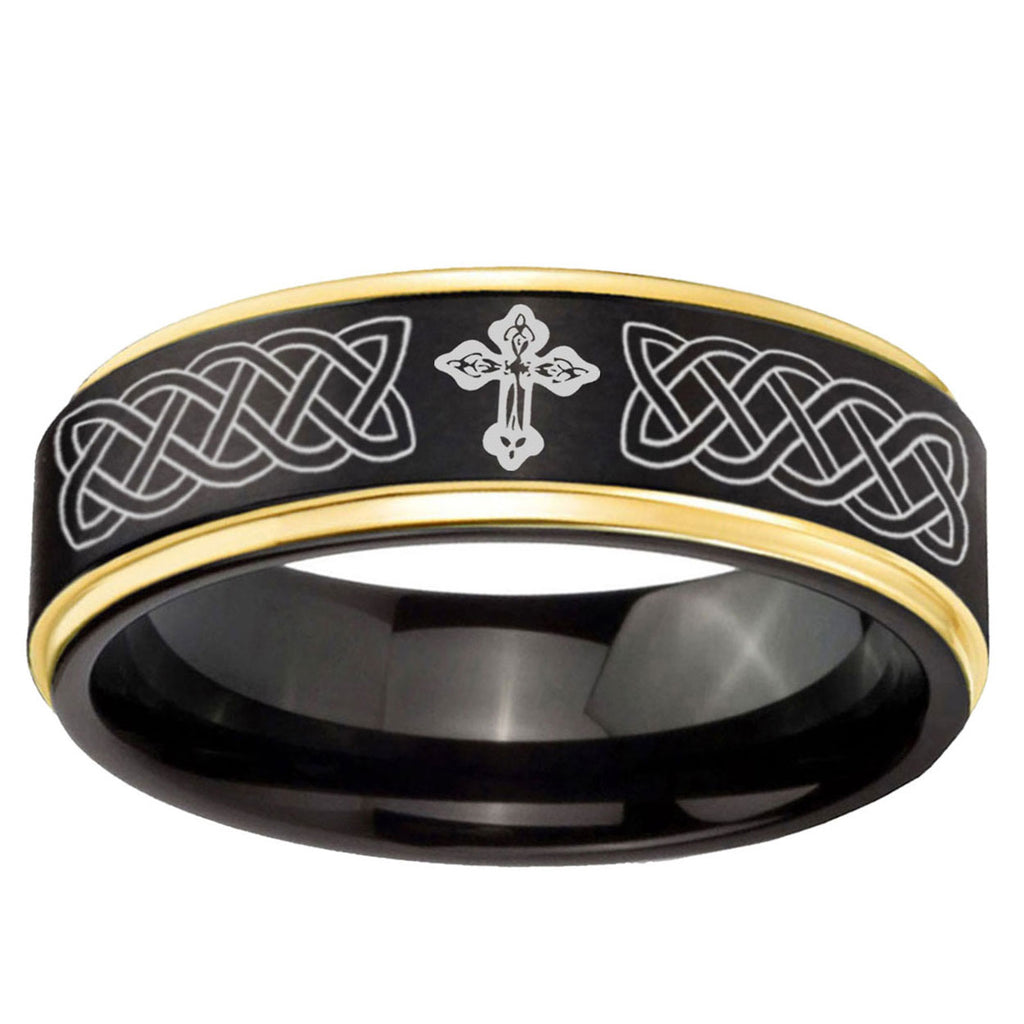 6mm Celtic Cross Gold Step Edge Black Tungsten Engraved Ring