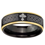 6mm Celtic Cross Gold Step Edge Black Tungsten Carbide Engraved Ring
