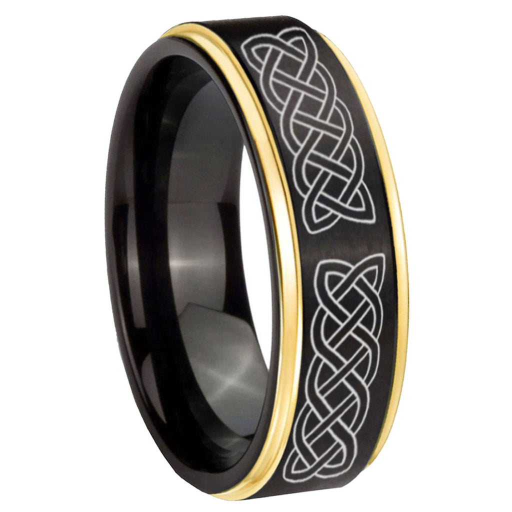 8mm Celtic Knot Gold Step Edge Black Tungsten Ring