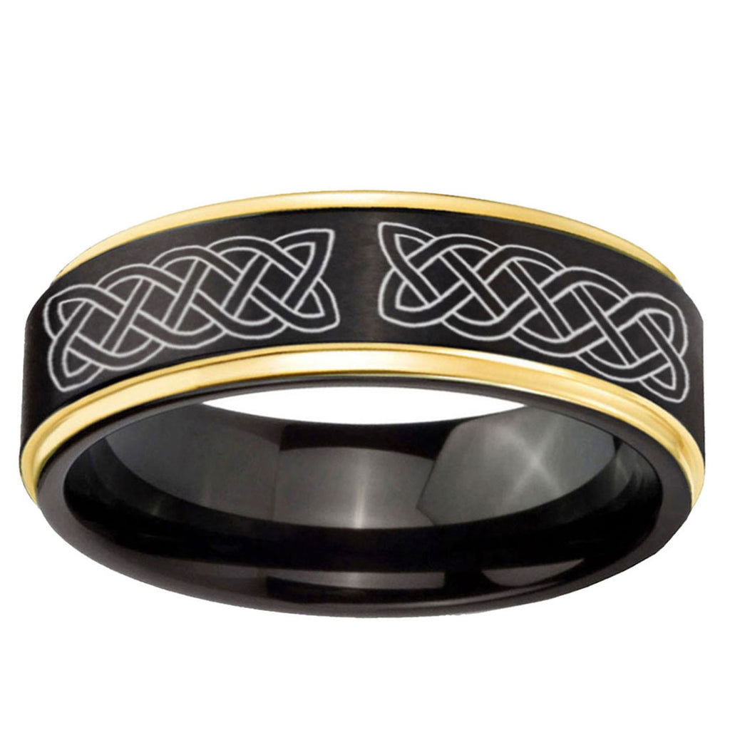 6mm Celtic Knot Gold Step Edge Black Tungsten Ring