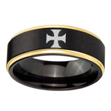 10mm-Maltese-Cross-Gold-Step-Edges-Brushed-Black-Tungsten-Carbide-Promise-Ring