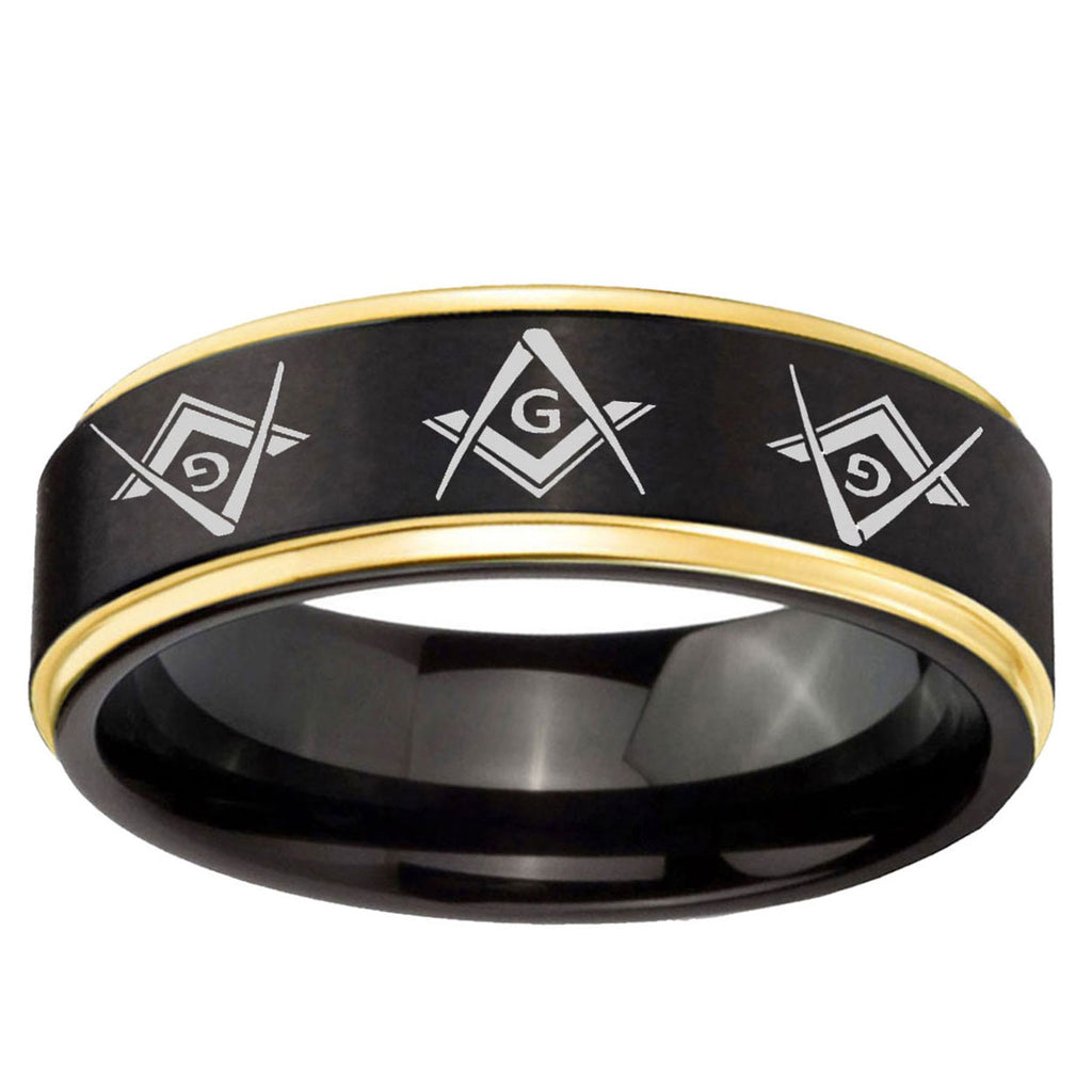6mm Master Mason Masonic Gold Step Edge Black Tungsten Band