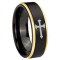 8mm Christian Cross Gold Step Edge Black Tungsten Ring