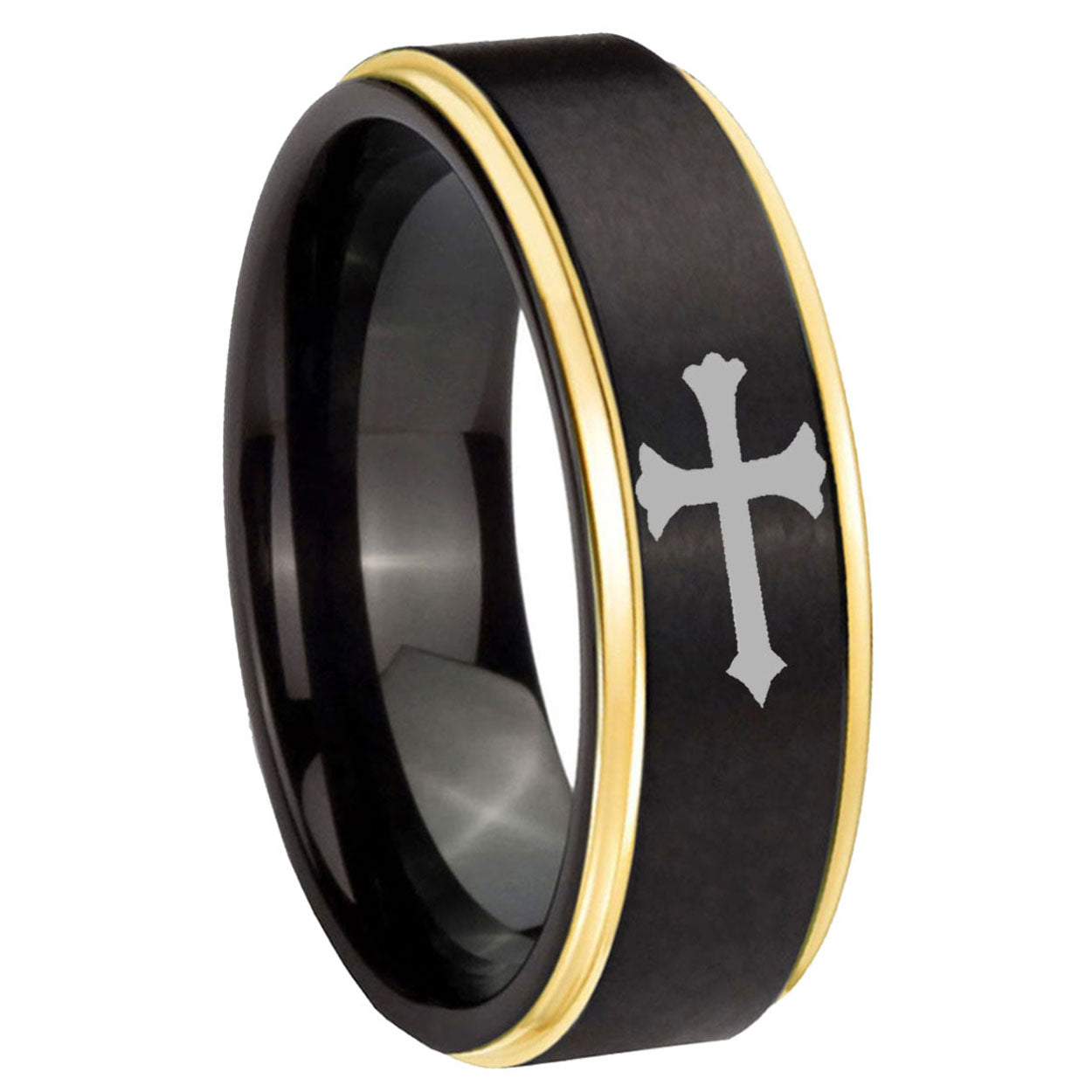 8mm Christian Cross Gold Step Edge Black Tungsten Ring