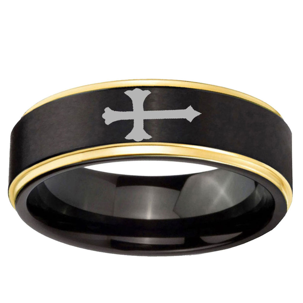 6mm Christian Cross Gold Step Edge Black Tungsten Ring