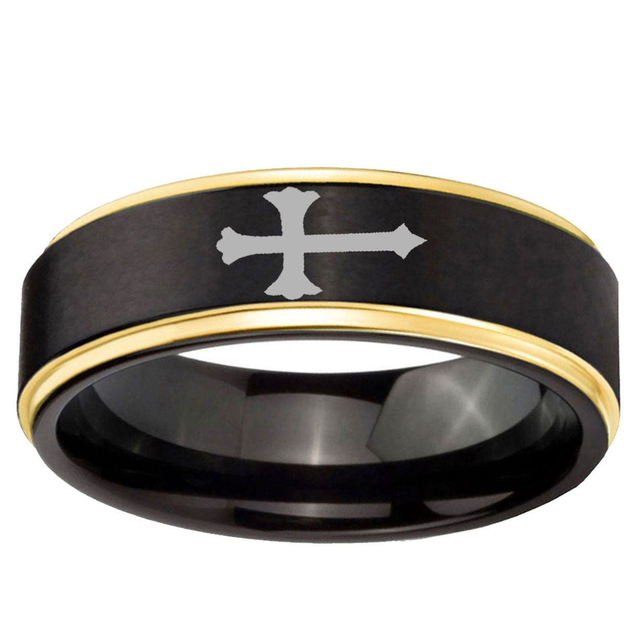 6mm Christian Cross Gold Step Edge Black Tungsten Ring