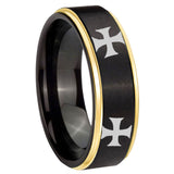 6, 8mm 4 Maltese Cross Gold Step Edge Black Tungsten Carbide Bands Ring
