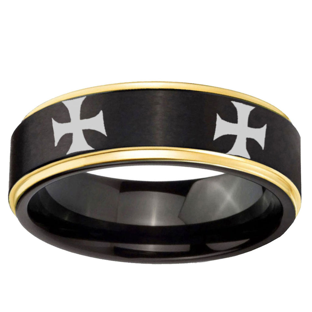 6mm 4 Maltese Cross Gold Step Edge Black Tungsten Bands Ring