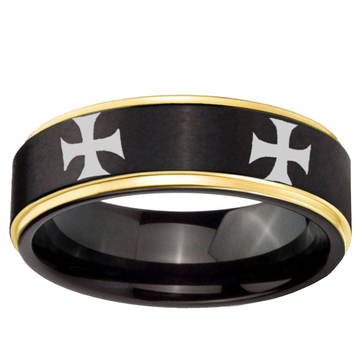 6mm 4 Maltese Cross Gold Step Edge Black Tungsten Bands Ring