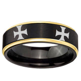 6mm 4 Maltese Cross Gold Step Edge Black Tungsten Carbide Bands Ring