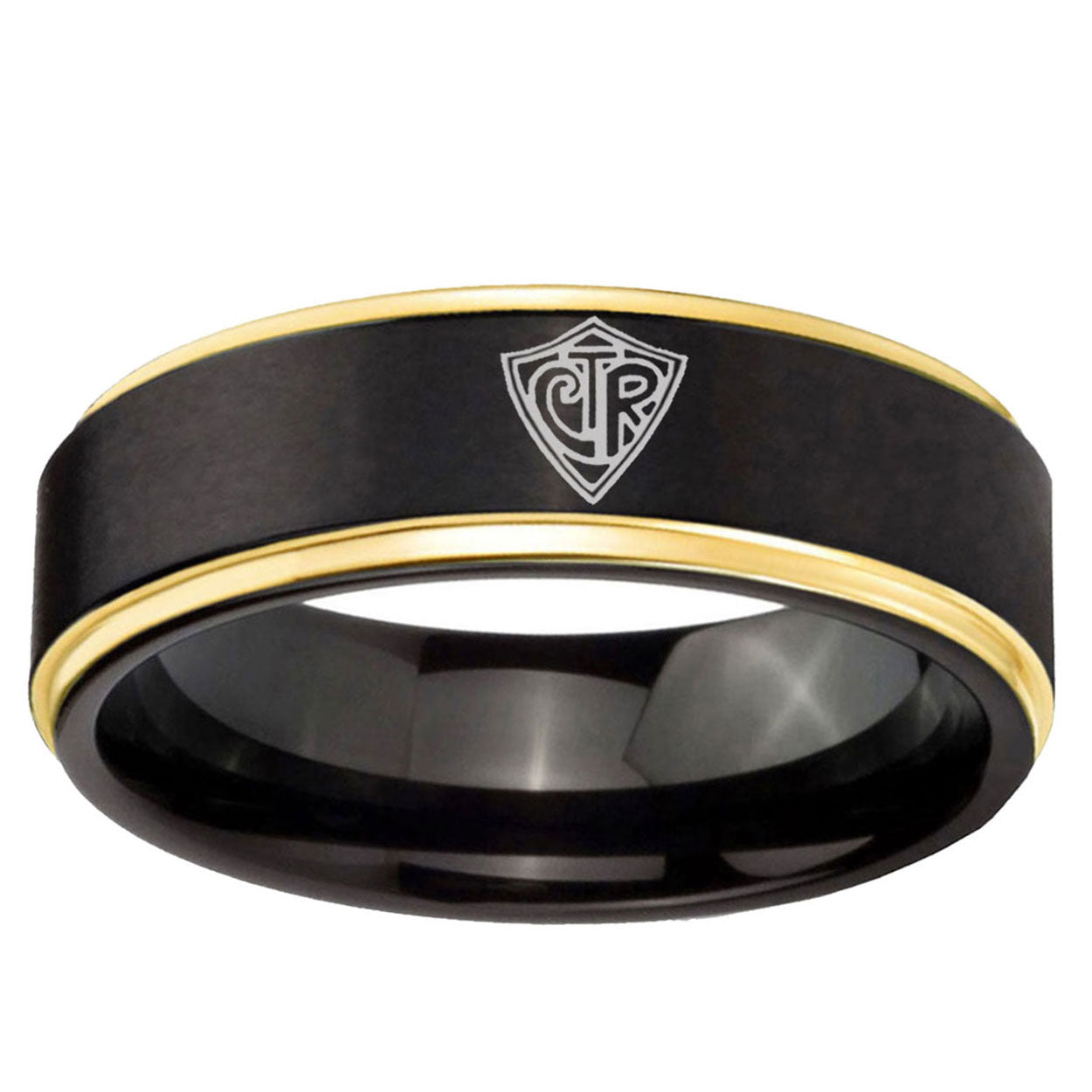 10mm CTR Design Gold Step Edge Black Tungsten Carbide Mens Band Ring