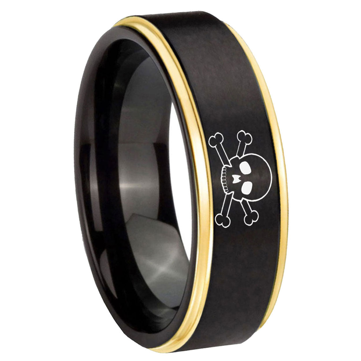 8mm Skull Gold Step Edge Black Tungsten Men's Wedding Band