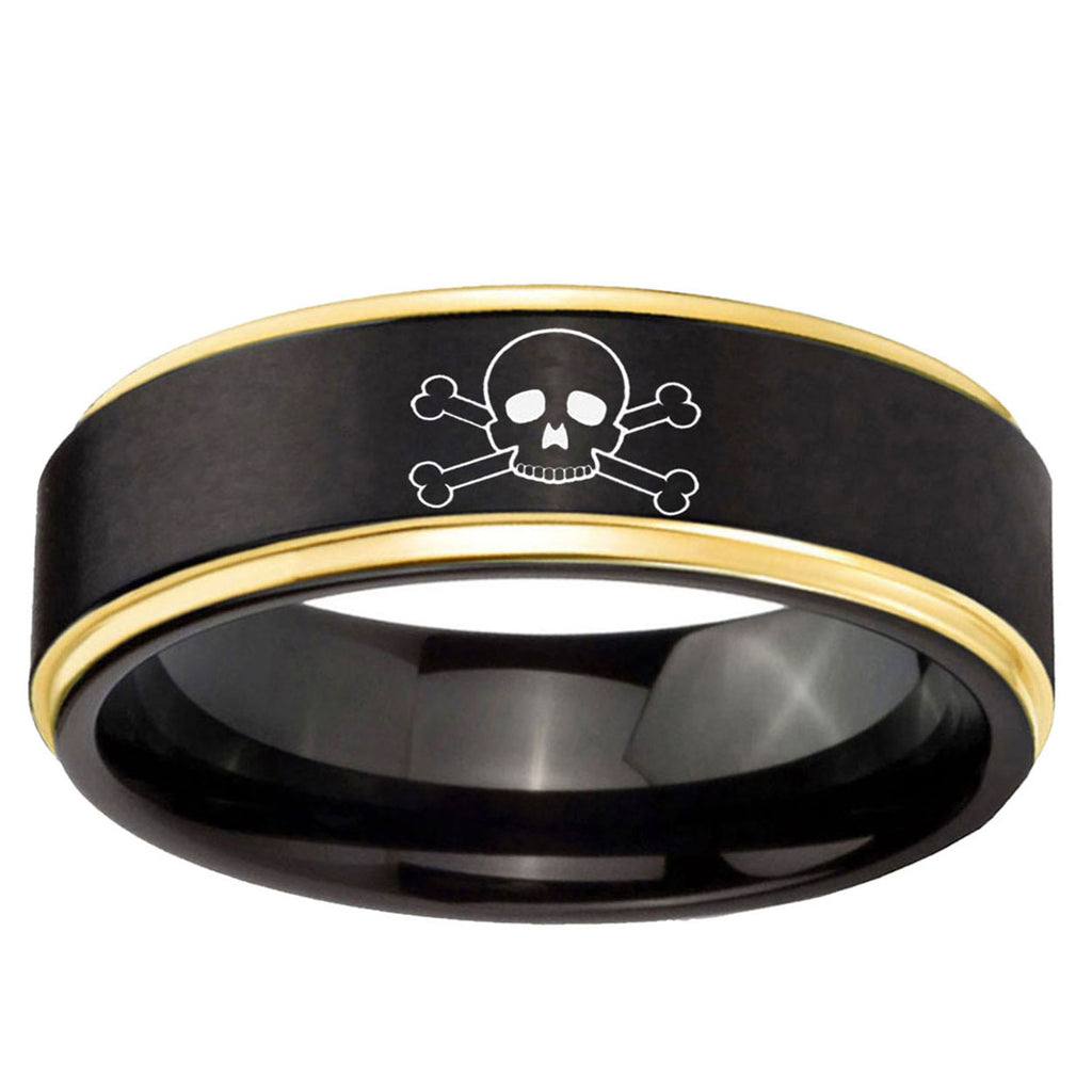 6mm Skull Gold Step Edge Black Tungsten Men's Wedding Band