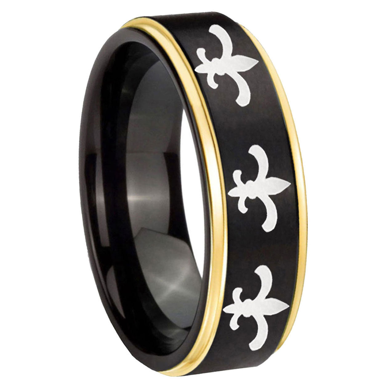 8mm Multiple Fleur-De-Lis Gold Step Edge Black Tungsten Ring