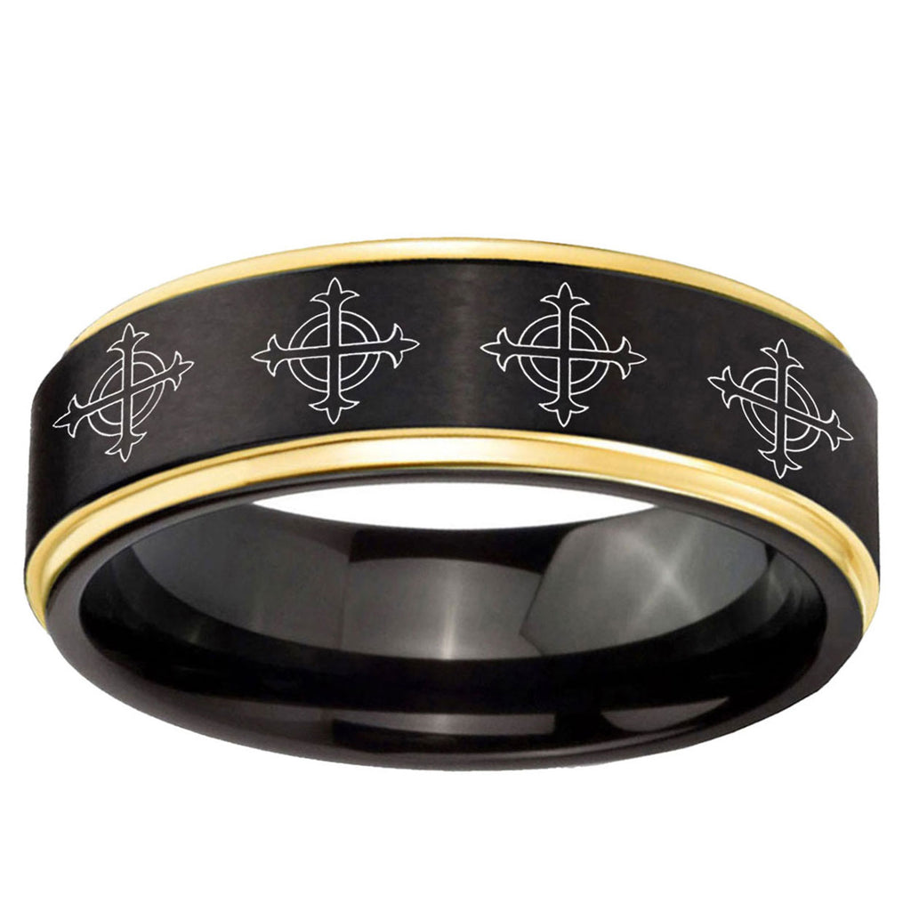 6mm Multiple Crosses Gold Step Edge Black Tungsten Men Bands