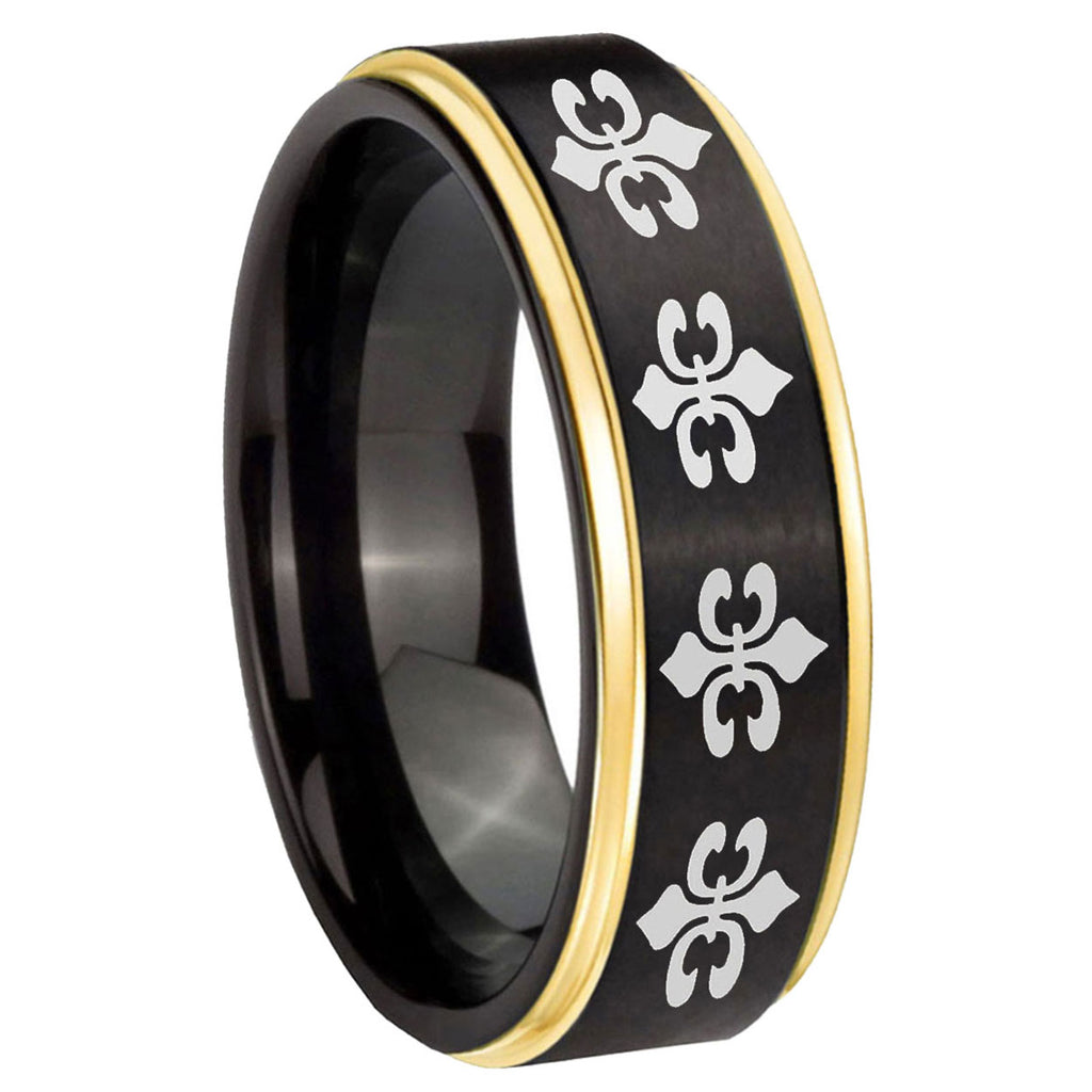 8mm Multiple Fleur-De-Lis Gold Step Edge Black Tungsten Ring