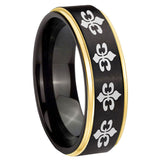 6, 8mm Multiple Fleur-De-Lis Gold Step Edge Black Tungsten Men's Band Ring