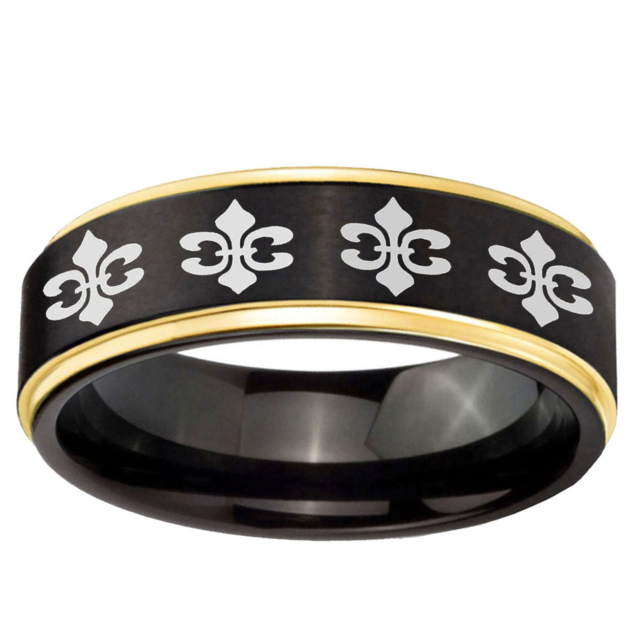 6mm Multiple Fleur-De-Lis Gold Step Edge Black Tungsten Ring