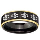 6mm Multiple Fleur-De-Lis Gold Step Edge Black Tungsten Men's Band Ring