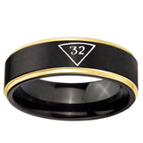 6mm Masonic 32 Triangle Freemason Gold Step Edge Black Tungsten Carbide Custom Men's Ring