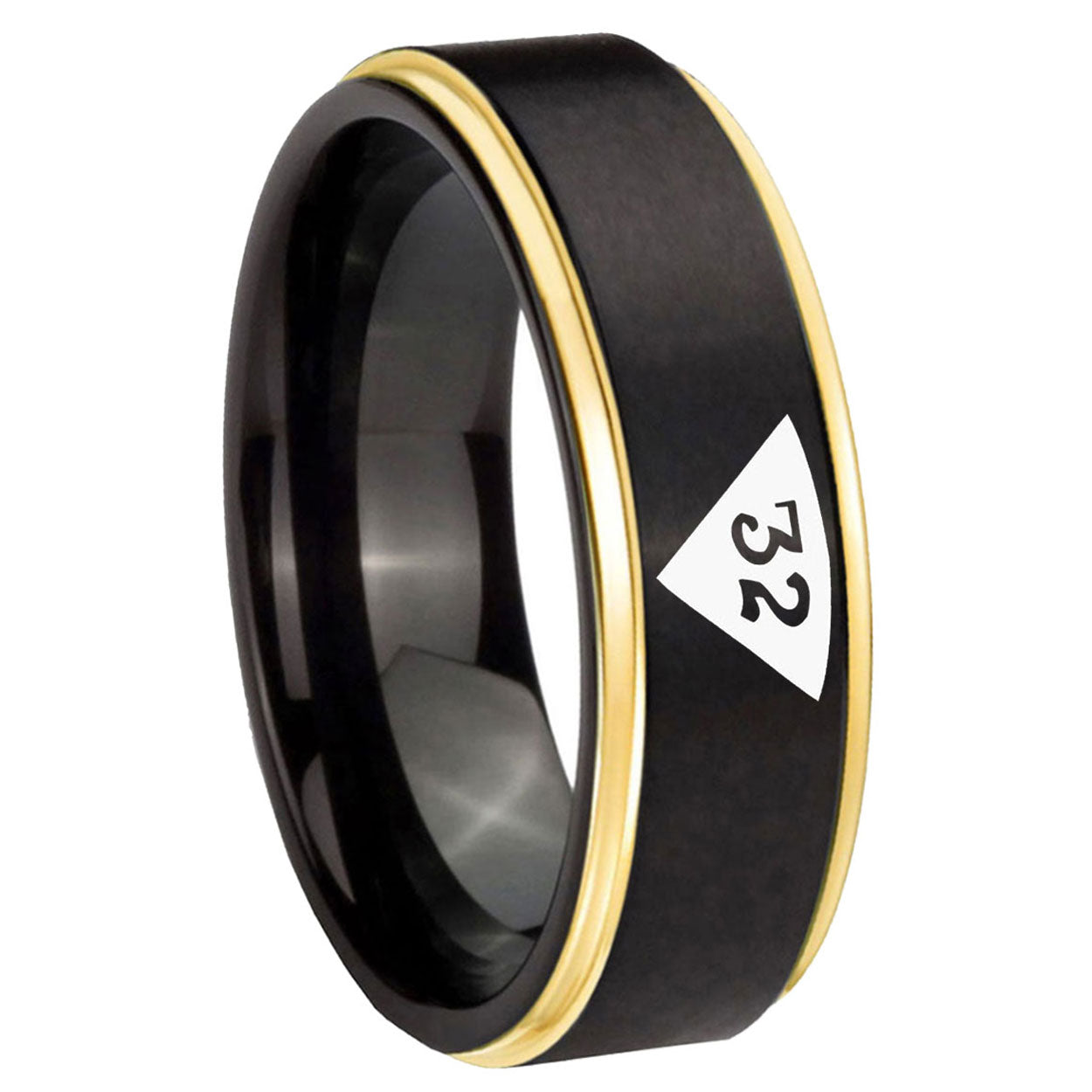 8mm Masonic 32 Triangle Design Freemason Gold Step Edge Black Tungsten Ring