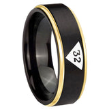 6, 8mm Masonic 32 Triangle Design Freemason Gold Step Edge Black Tungsten Carbide Custom Men's Ring