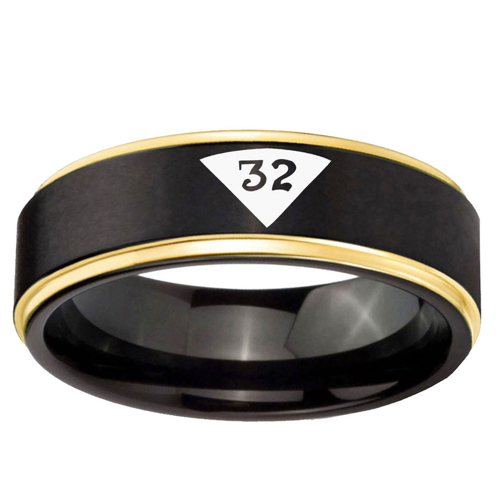 6mm Masonic 32 Triangle Design Freemason Gold Step Edge Black Tungsten Ring